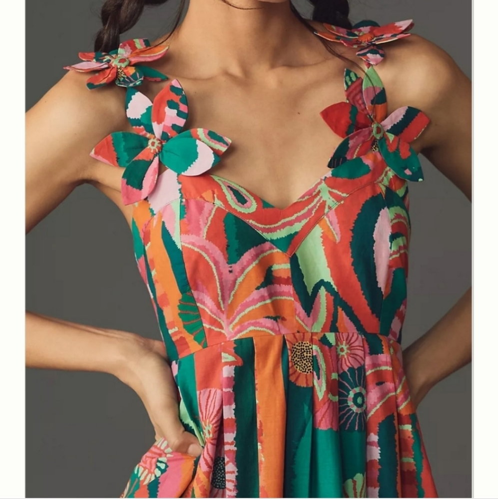 Farm Rio × Anthropologie Pleated Palm Midi Dress In Pink Size Small - Picture 5 of 9